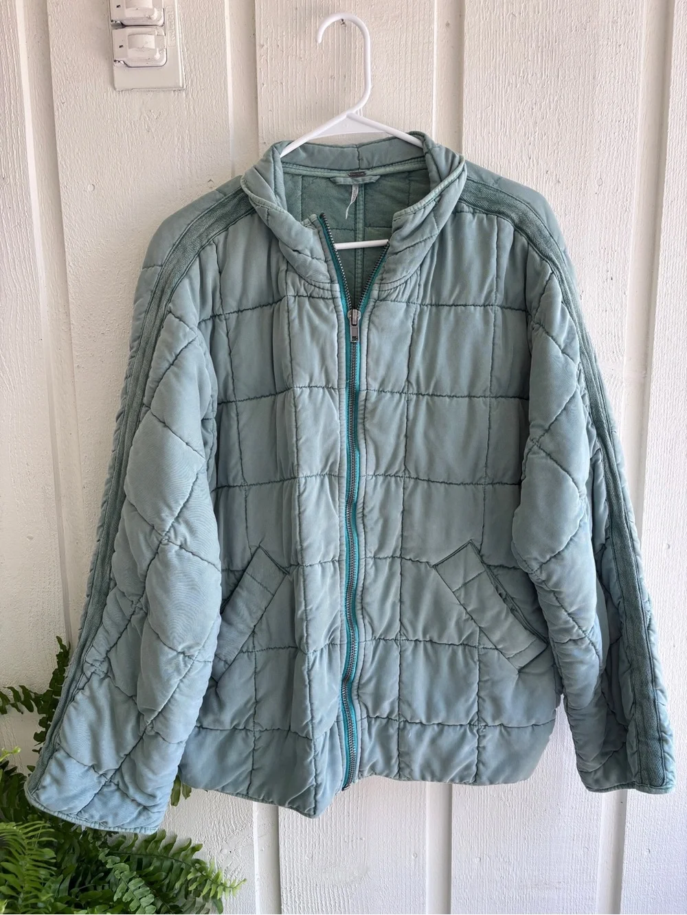 Free People Quilted Zip-Up Puffer Jacket in Light Blue